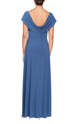 Plus Long Cowl Neck A-Line Matte Jersey Dress with Pleated Bodice Detail, Cowl Back, and Embellishment Detail at Waist
