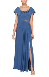 Plus Long Cowl Neck A-Line Matte Jersey Dress with Pleated Bodice Detail, Cowl Back, and Embellishment Detail at Waist