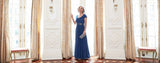 Plus Long Cowl Neck A-Line Matte Jersey Dress with Pleated Bodice Detail, Cowl Back, and Embellishment Detail at Waist